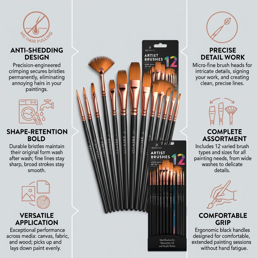 Benicci 12-Piece Paint Brush Set - Smooth, No-Shed, Long-Lasting