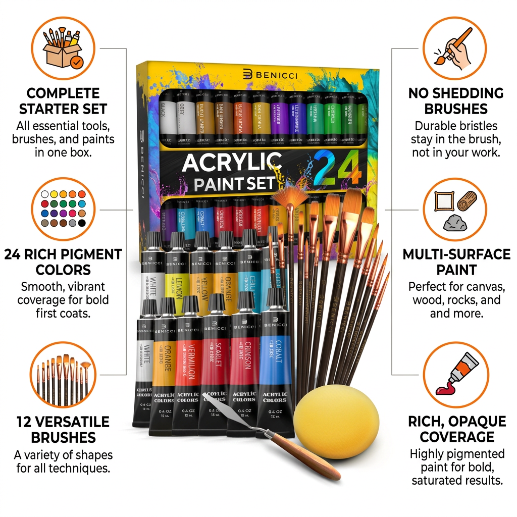 Benicci Acrylic Paint Set - Vibrant, Beginner-Ready, Versatile