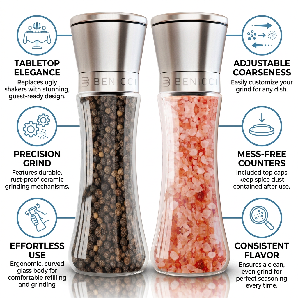 Benicci Salt & Pepper Grinder Set - Sleek, Fresh-Grinding, Mess-Free