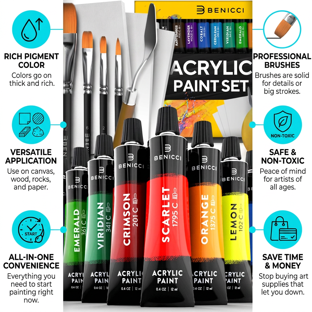 Benicci Acrylic Paint Set - Complete, Confidence-Building, Ready-to-Use