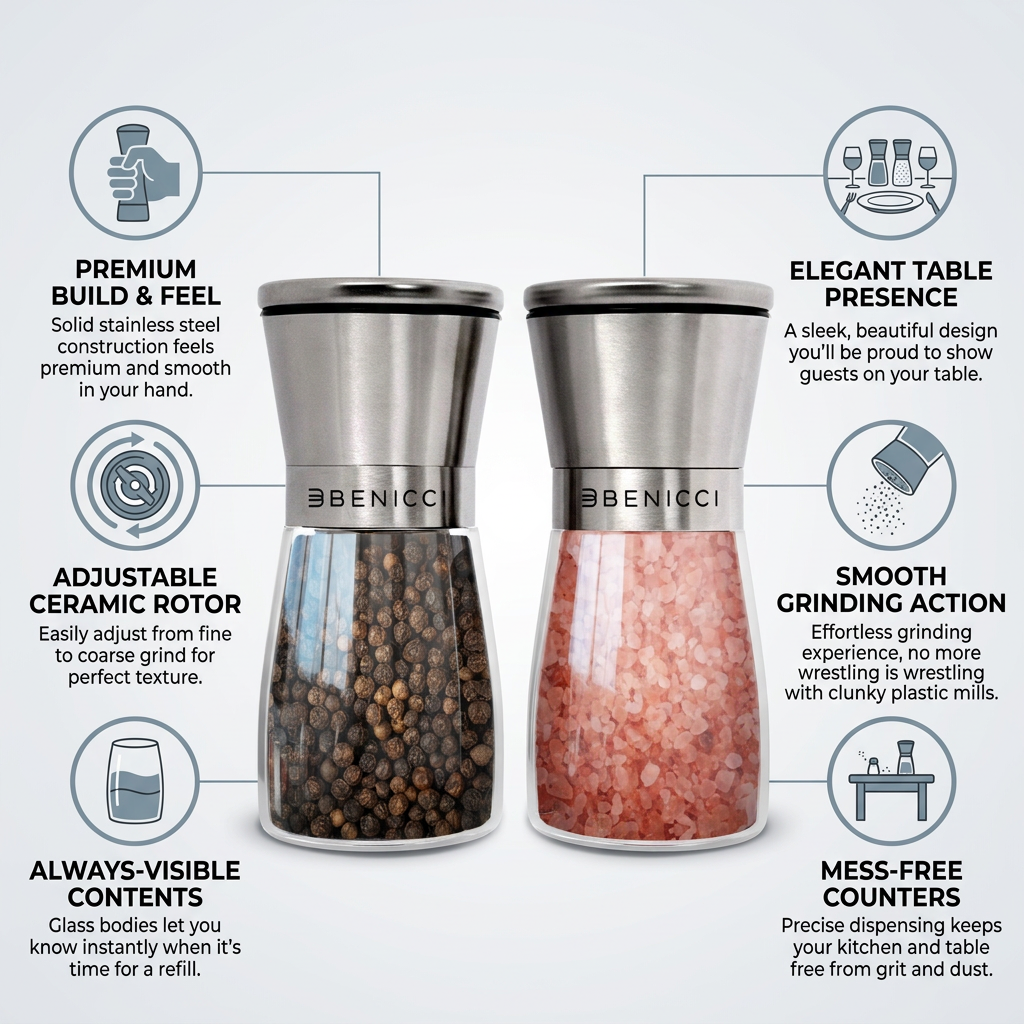 Benicci Salt and Pepper Grinder Set - Stylish, Smooth-Grinding, Built to Last
