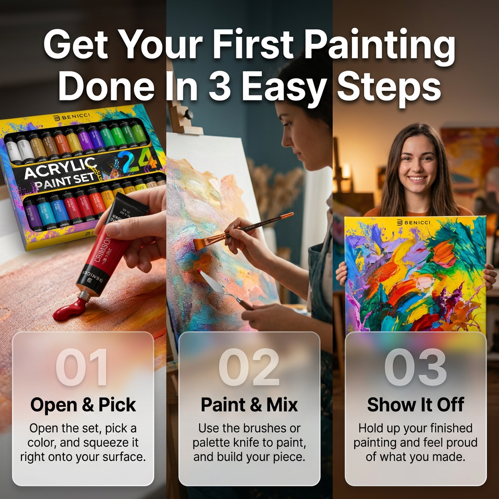 Benicci Acrylic Paint Set - Vibrant, Beginner-Ready, Versatile