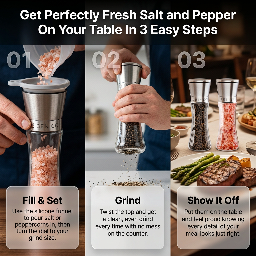Benicci Salt & Pepper Grinder Set - Sleek, Fresh-Grinding, Mess-Free
