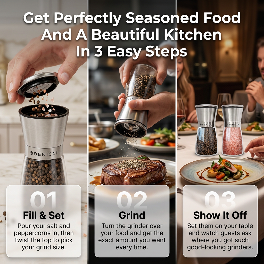 Benicci Salt and Pepper Grinder Set - Stylish, Smooth-Grinding, Built to Last